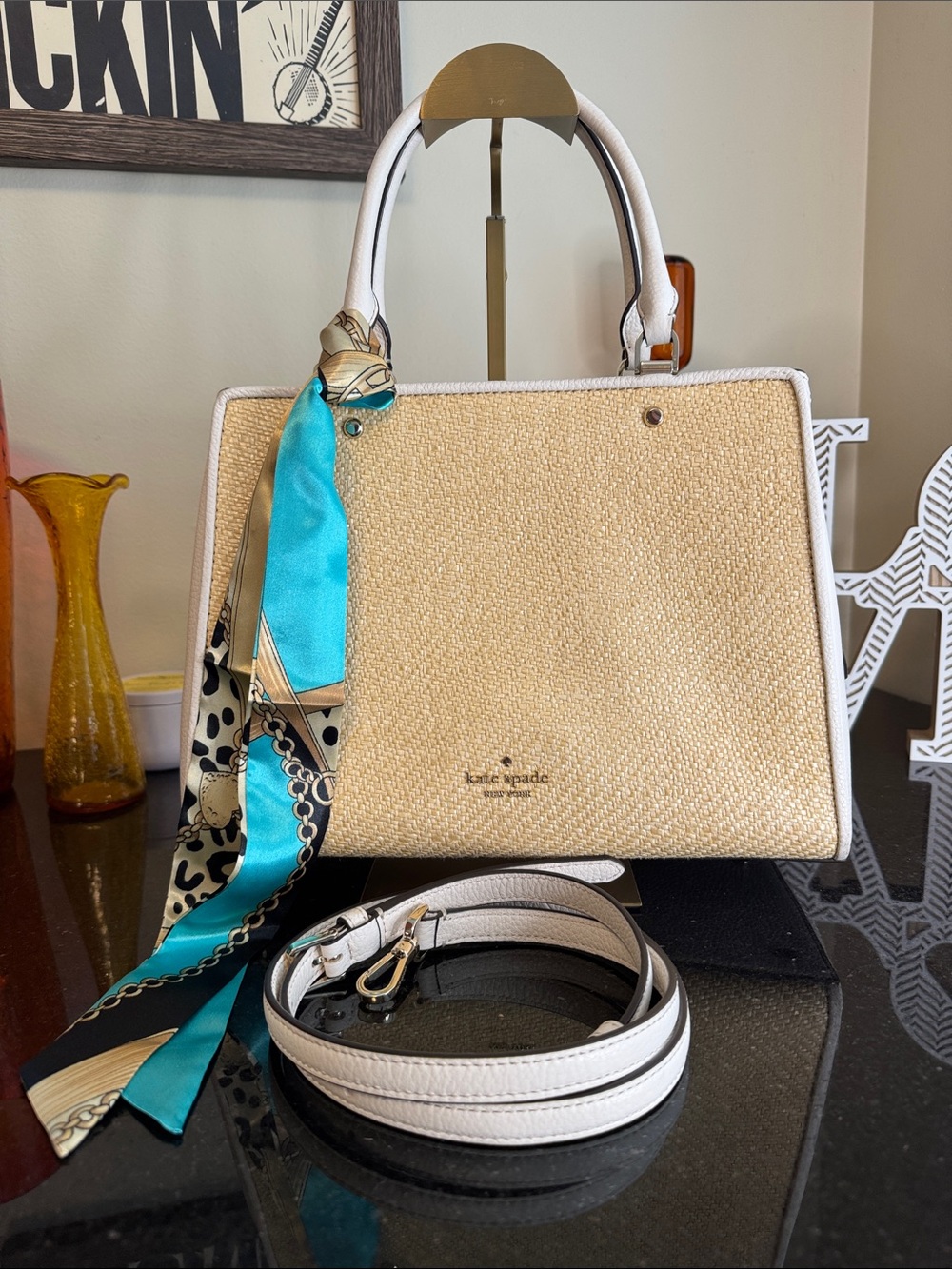 kate spade New York Natural Straw Tote with White Trim